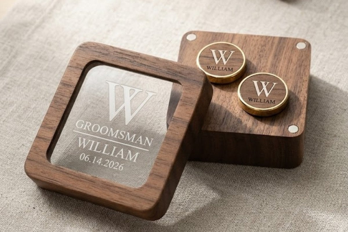 Matching engraved walnut cufflink boxes for a wedding party
