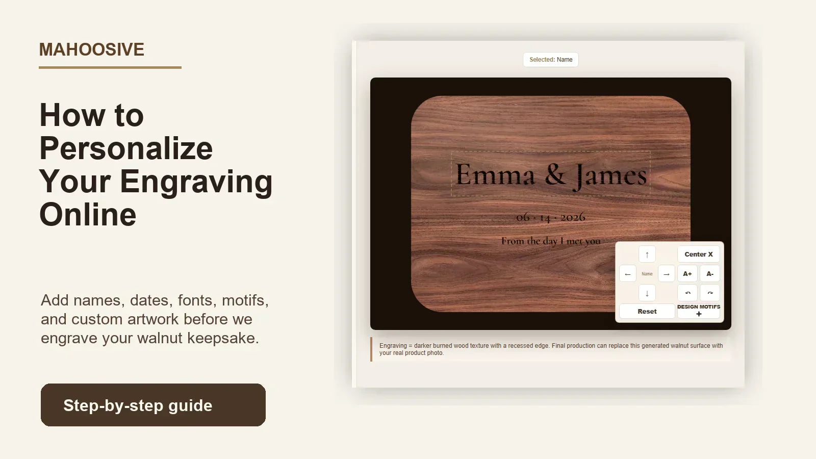 MAHOOSIVE online engraving customizer for a personalized walnut keepsake