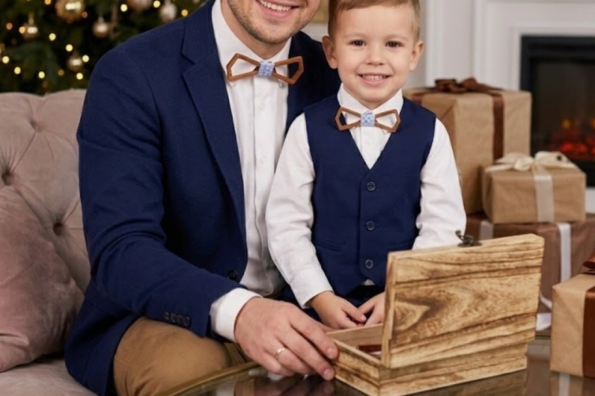 Father and son in matching wooden bow ties for a holiday family portrait