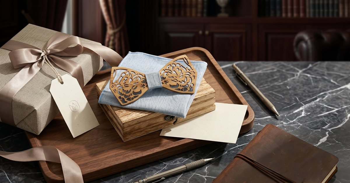 MAHOOSIVE wooden bow tie set with pocket square and gift box for groomsmen