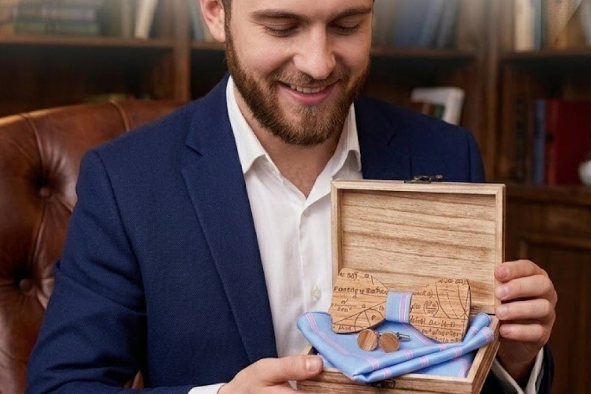 A man opening a walnut gift box containing a wooden bow tie