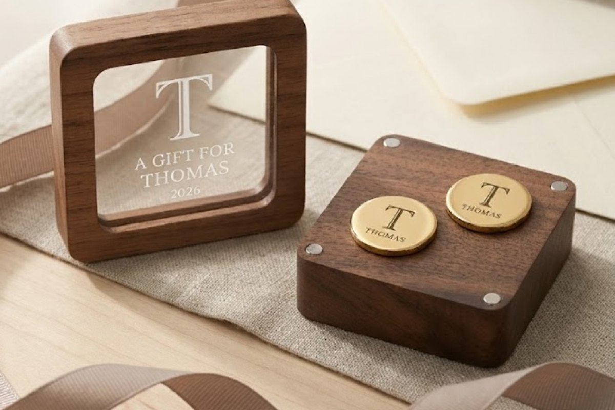 Personalised gold cufflinks in an engraved walnut box