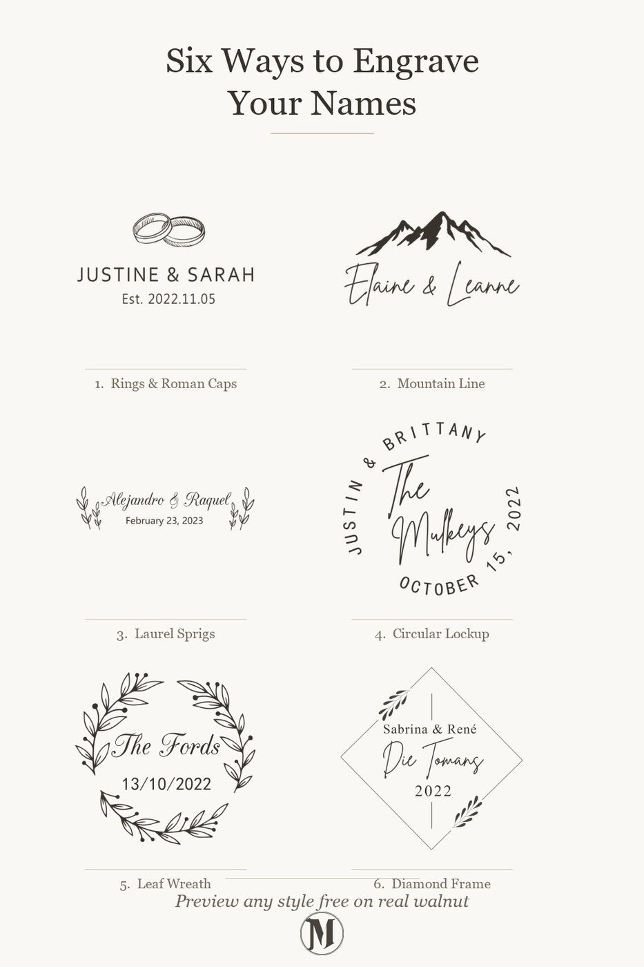Six monogram engraving styles compared on walnut ring box lids