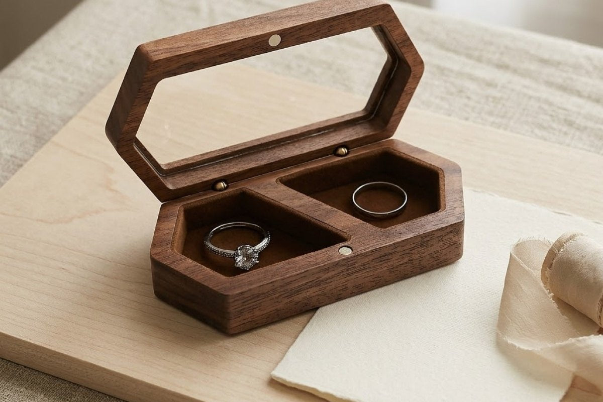 Walnut double-slot ring box holding an engagement ring and a wedding band