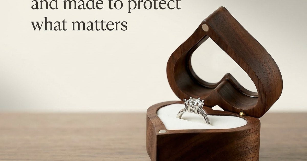 Walnut ring box with the ring lying flat in a recessed well