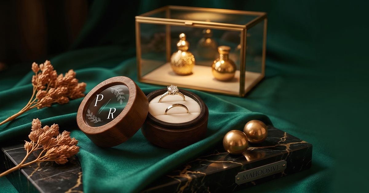 Handcrafted MAHOOSIVE walnut ring box displayed as a keepsake