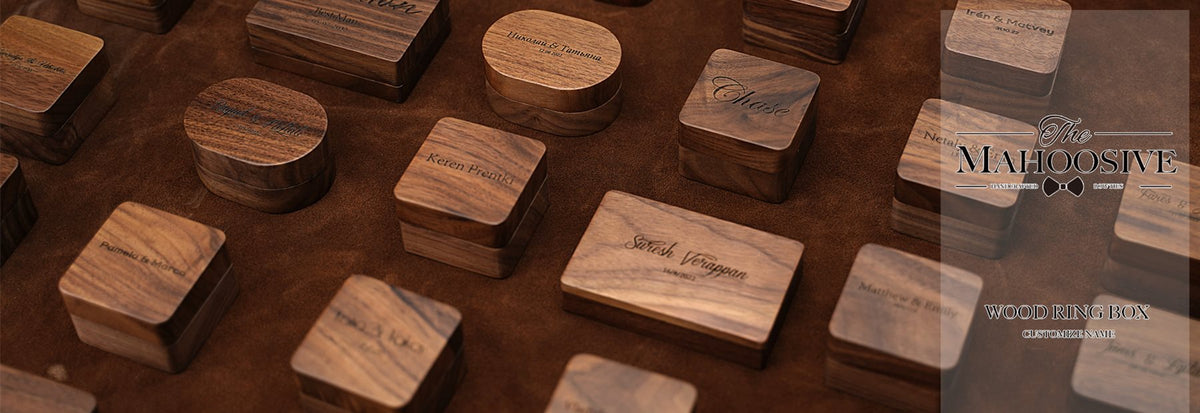 Collection of personalized engraved MAHOOSIVE wooden ring boxes