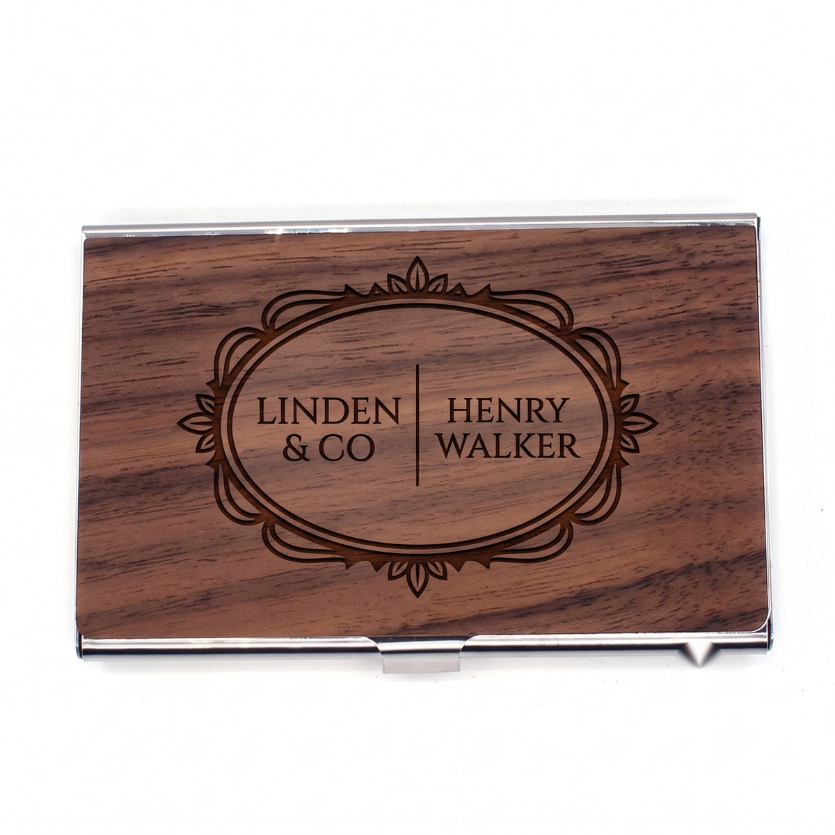 Engraved wooden business card holder with ornate frame and custom name - MAHOOSIVE Meridian