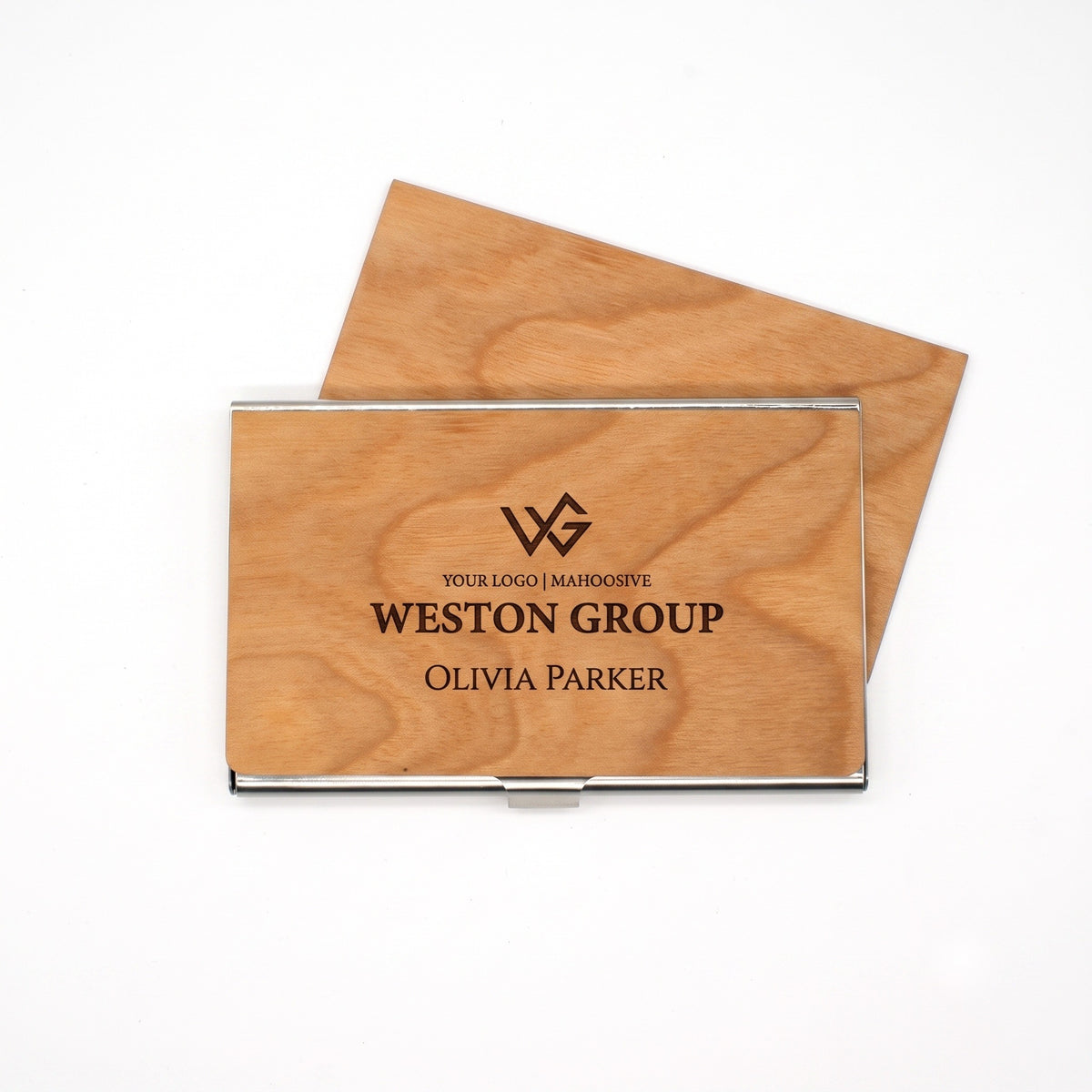Open walnut business card case showing cards inside - personalized engraving detail