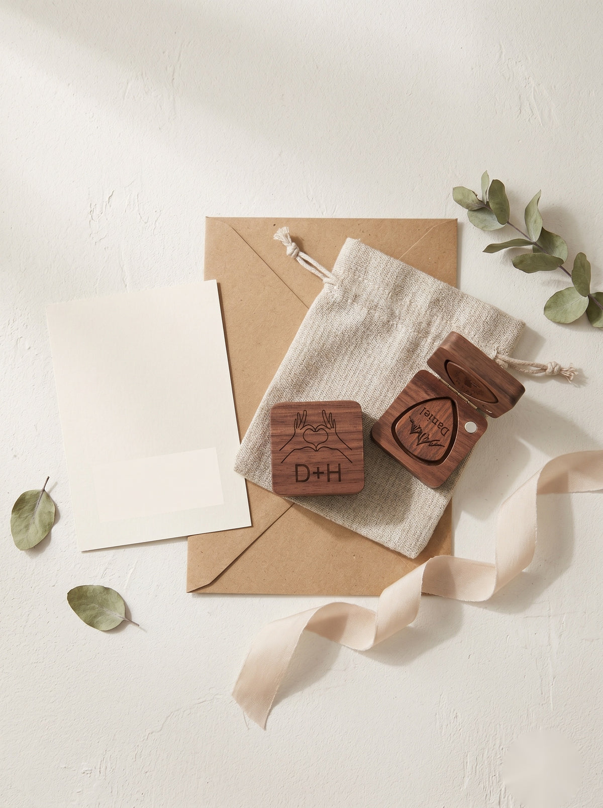 Wooden guitar pick box gift set with engraved plectrums on linen - personalized musician gift