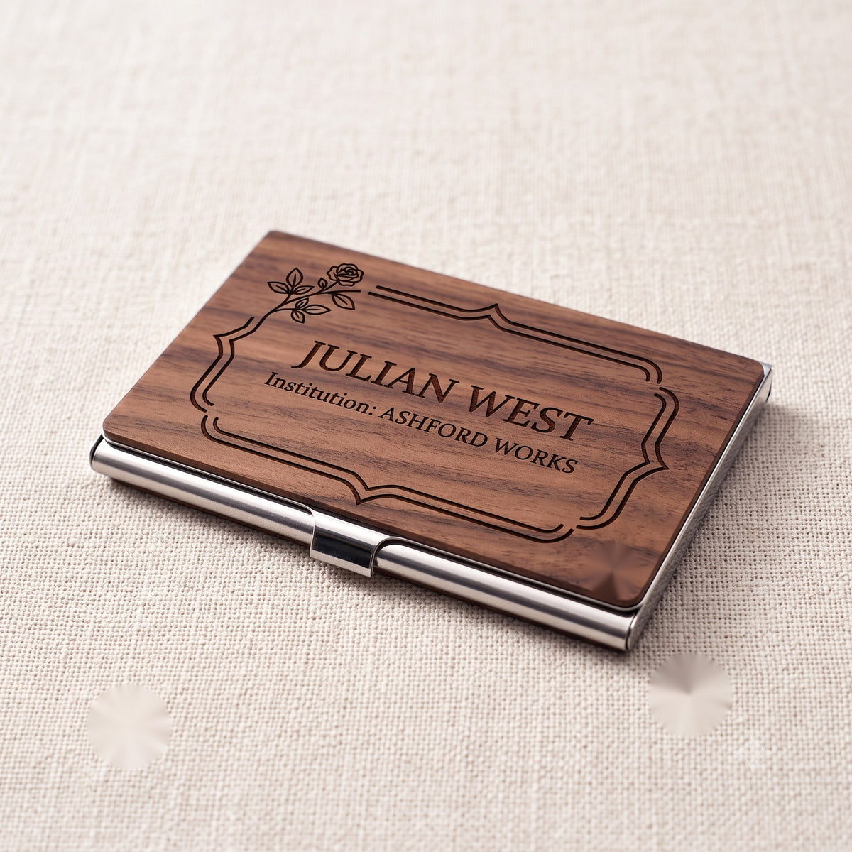 Floral engraved wooden business card case, personalized professional gift