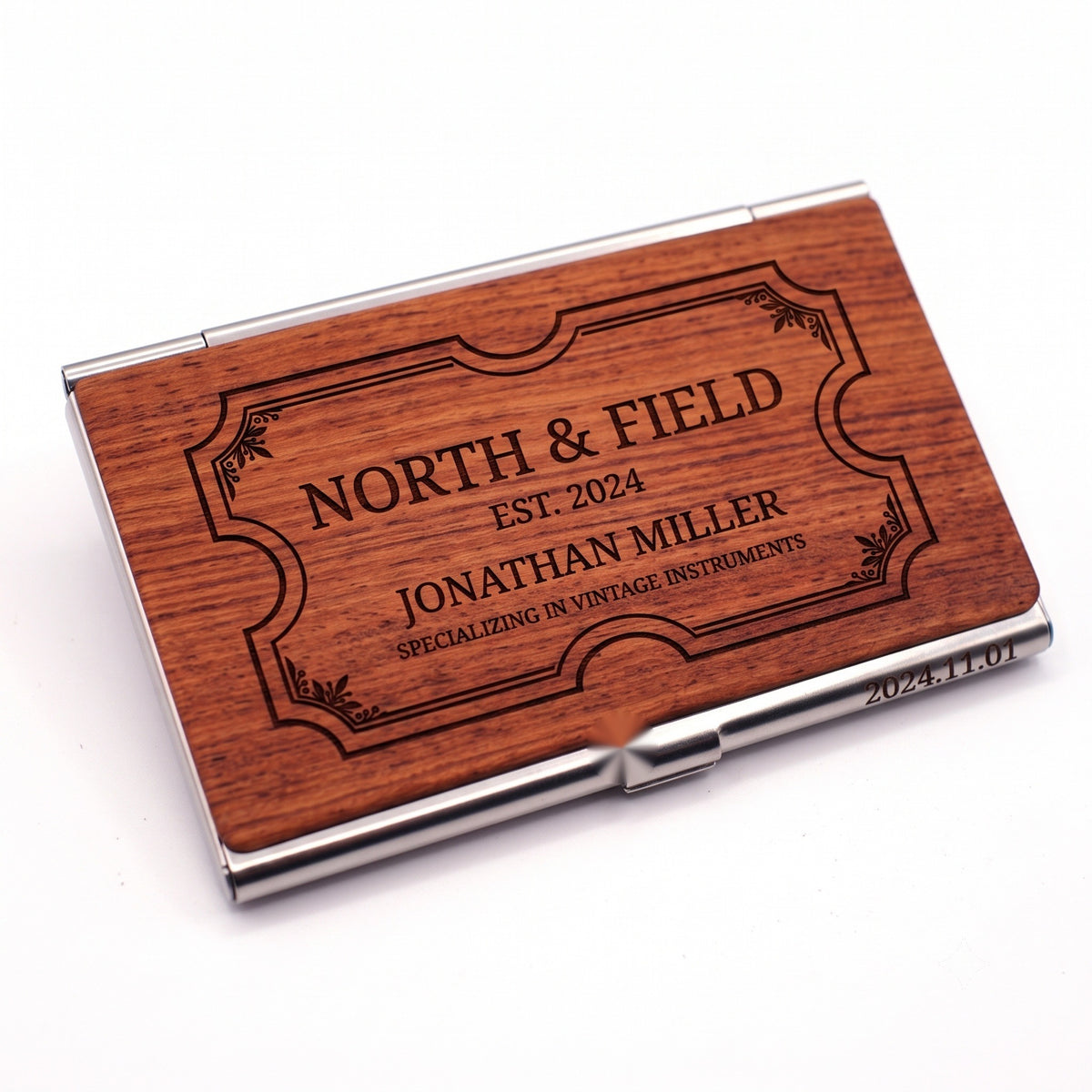 Vintage frame engraved walnut business card holder on office desk - MAHOOSIVE