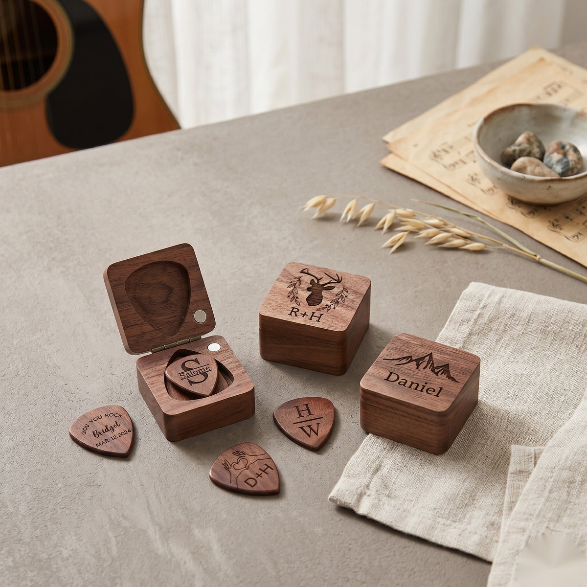 Walnut guitar pick boxes with acoustic guitar and sheet music - personalized gift for musicians