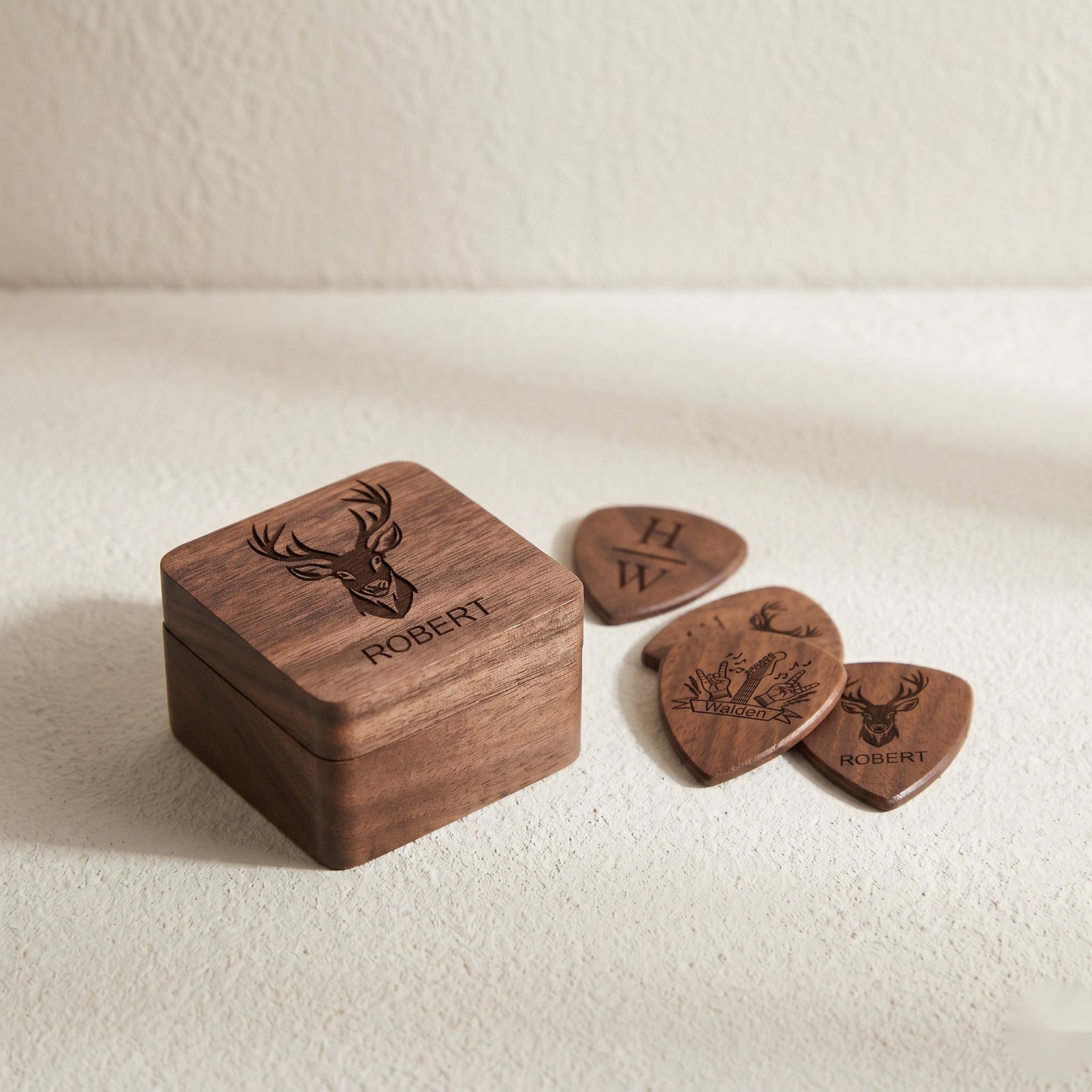Personalized walnut wooden guitar pick box with engraved plectrums - MAHOOSIVE musician gift