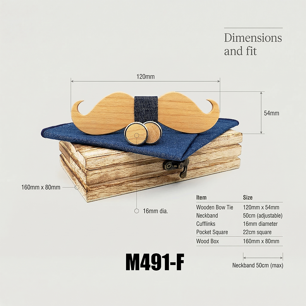Wooden Bow Tie - Mustache Shape with Denim Center