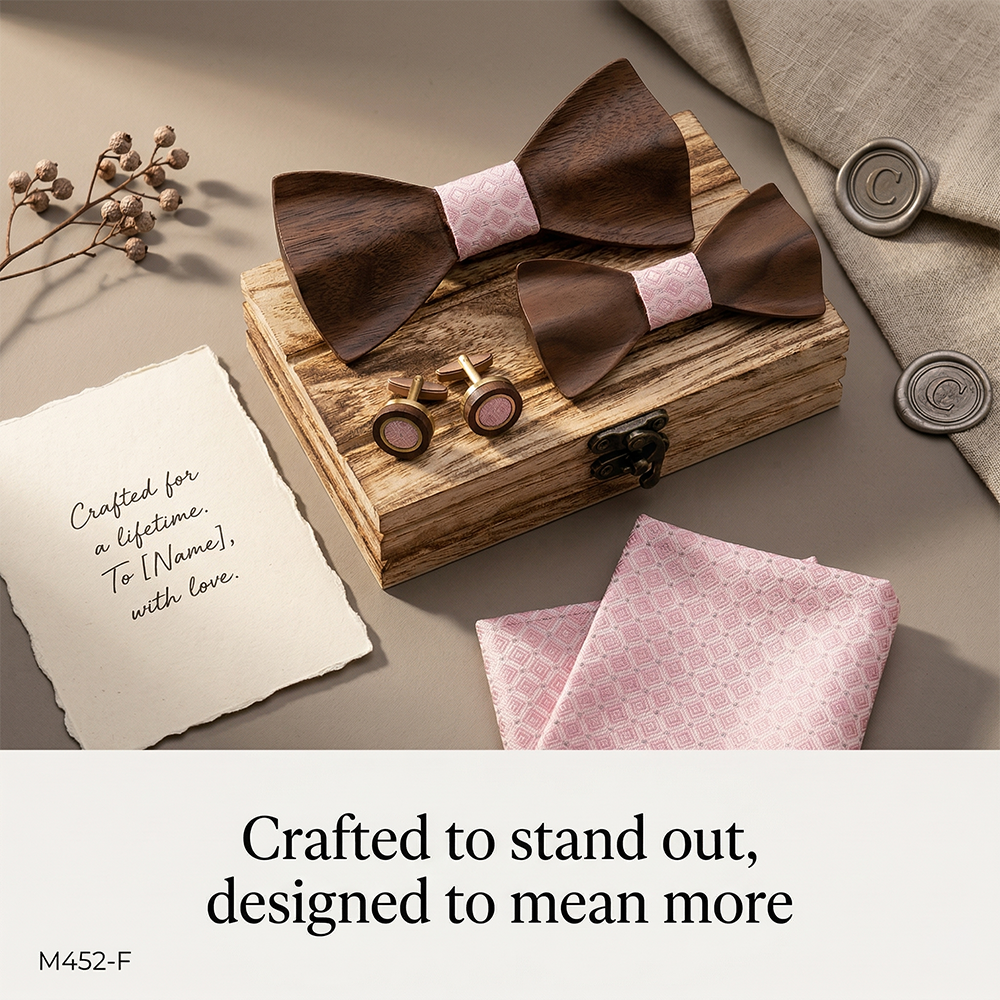 Wooden Bow Tie - Dark Wood with Pink Center