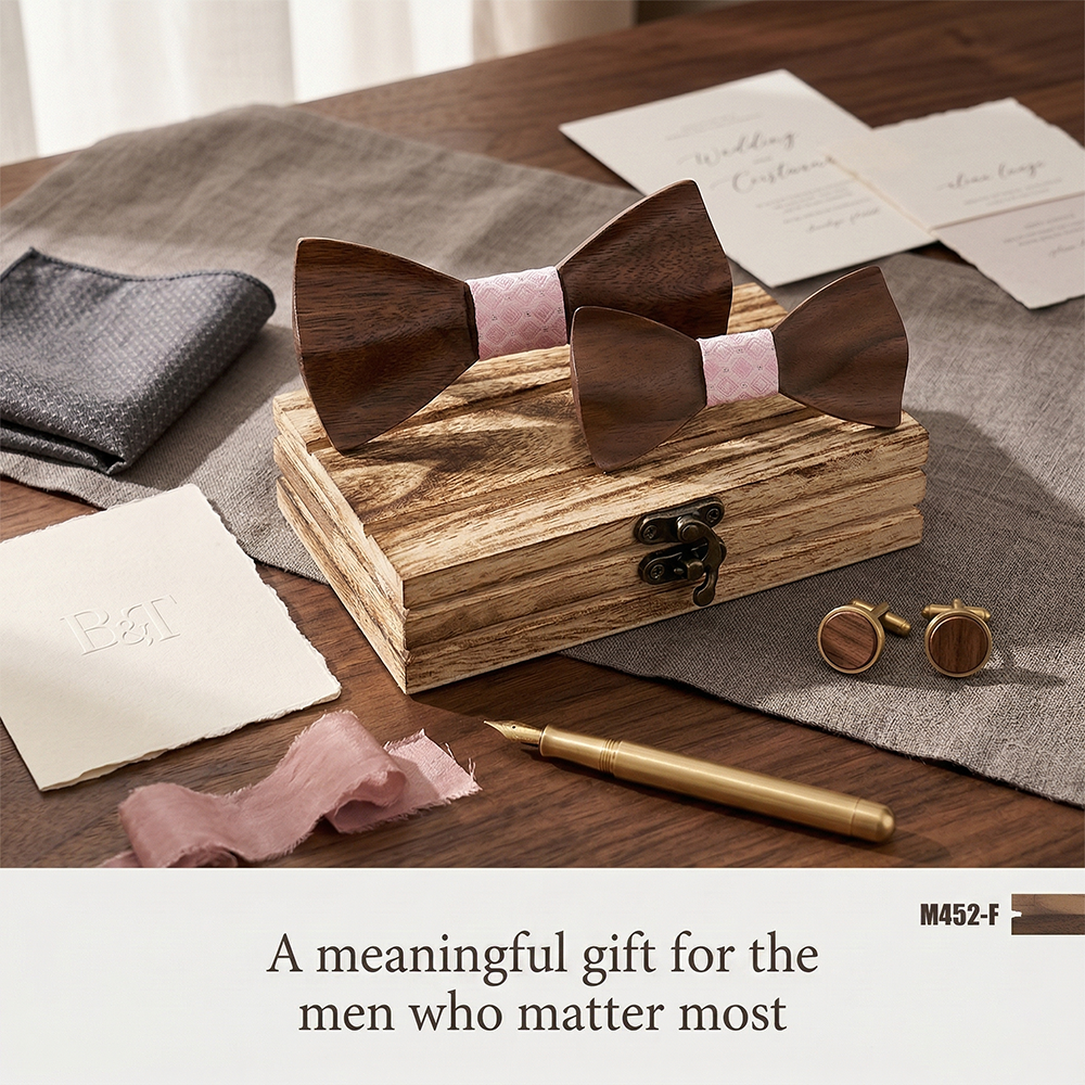 Wooden Bow Tie - Dark Wood with Pink Center