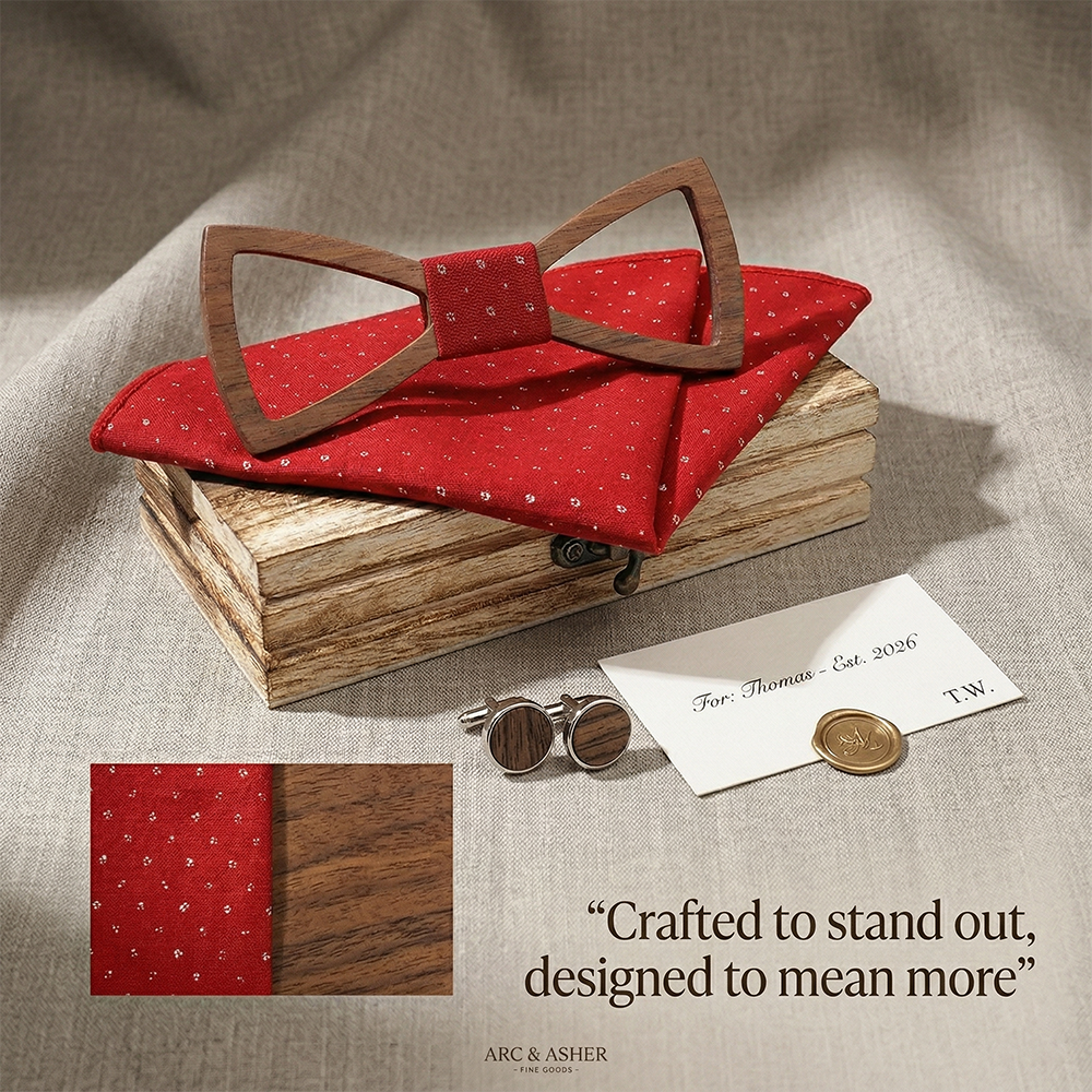 Wooden Bow Tie - Red Polka Dot Gift Set