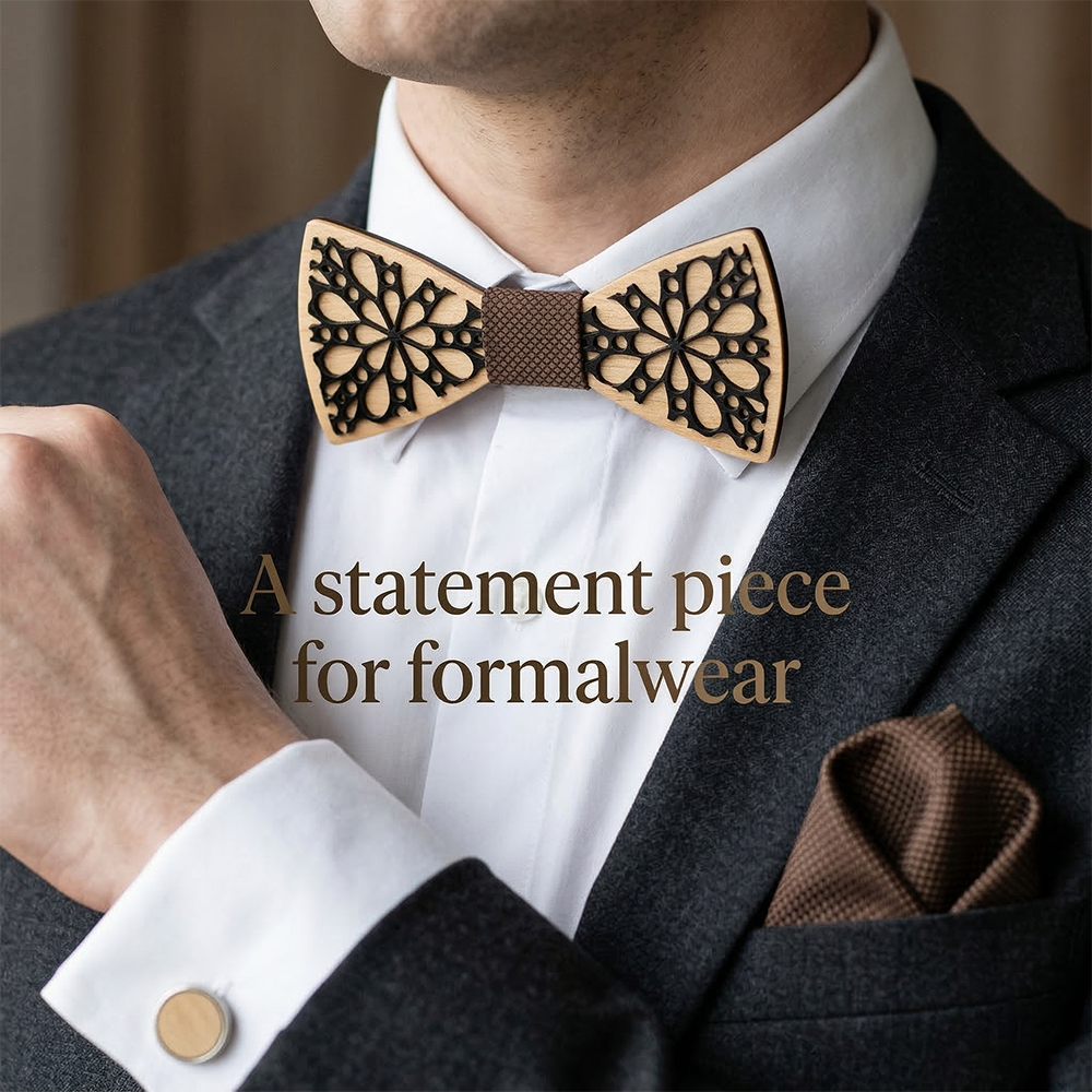 Wooden Bow Tie - Black Intricate Carved Floral Design