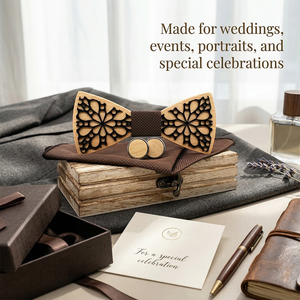 Wooden Bow Tie - Black Intricate Carved Floral Design