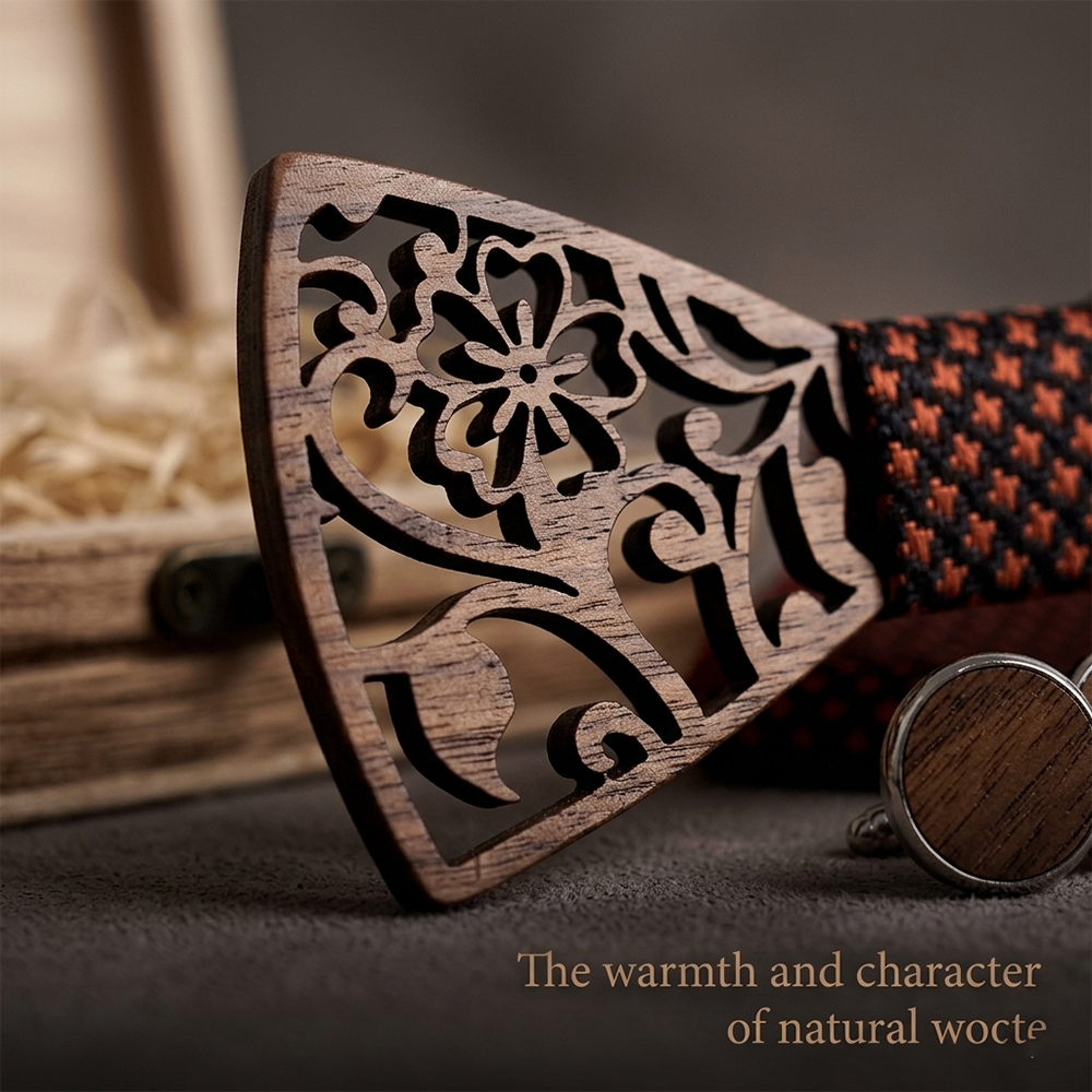Wooden Bow Tie - Carved Floral Pattern Set
