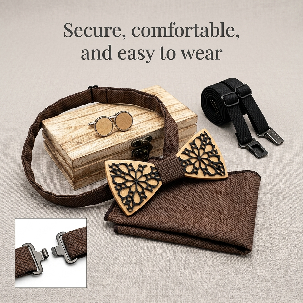 Wooden Bow Tie - Black Intricate Carved Floral Design