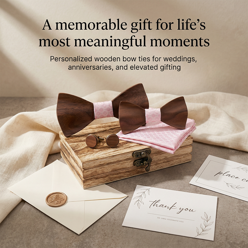 Wooden Bow Tie - Dark Wood with Pink Center
