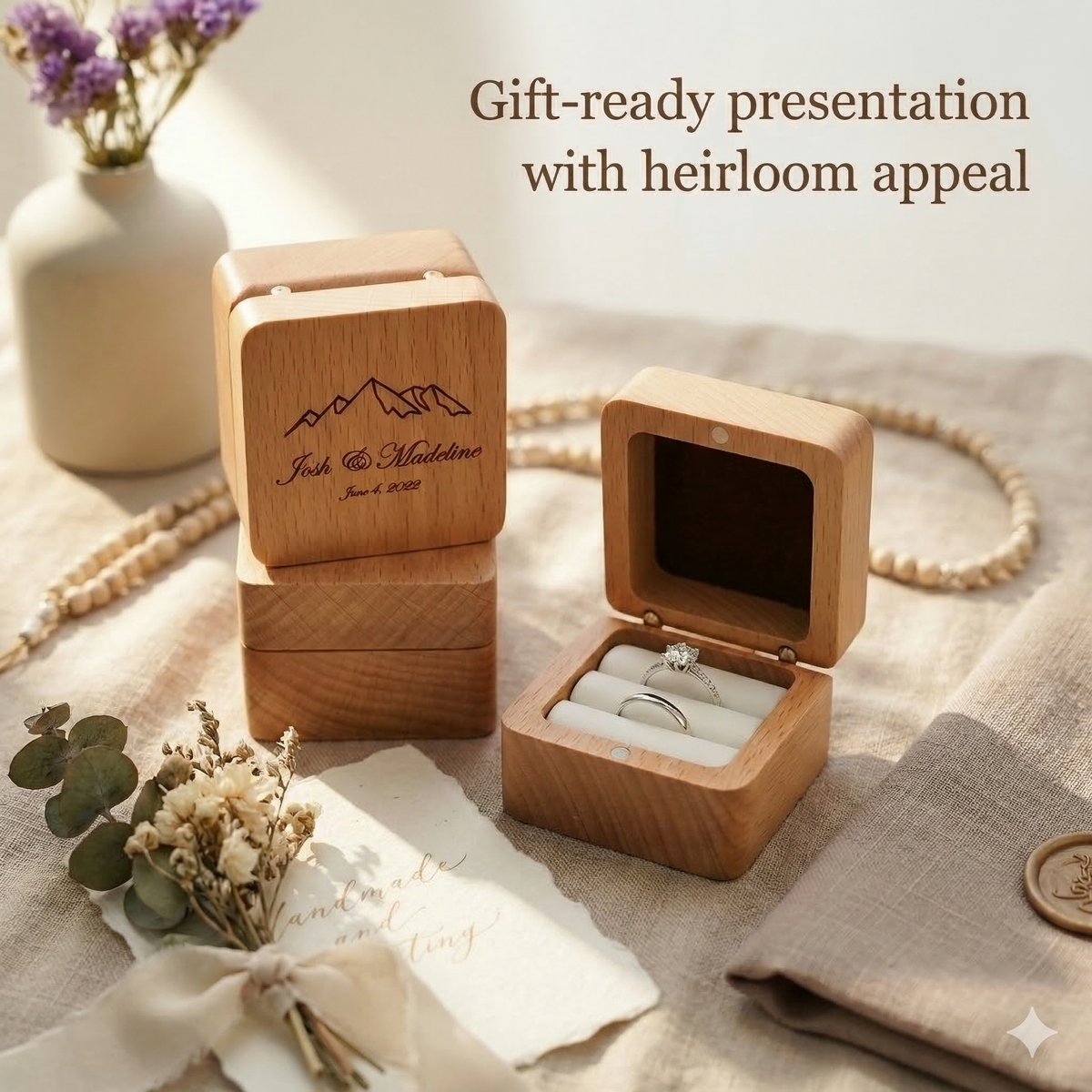 Beech Wood Square Ring Box - Mahoosive Handcrafted Wood Ring Box