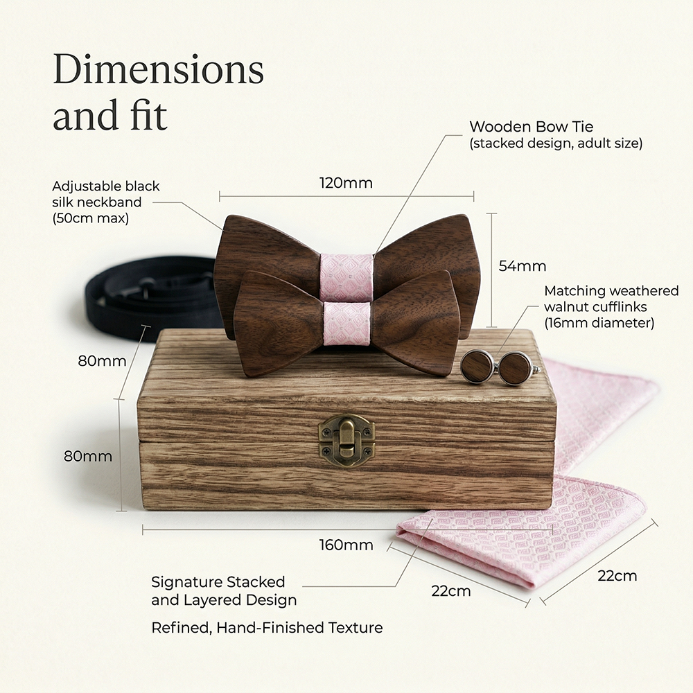 Wooden Bow Tie - Dark Wood with Pink Center