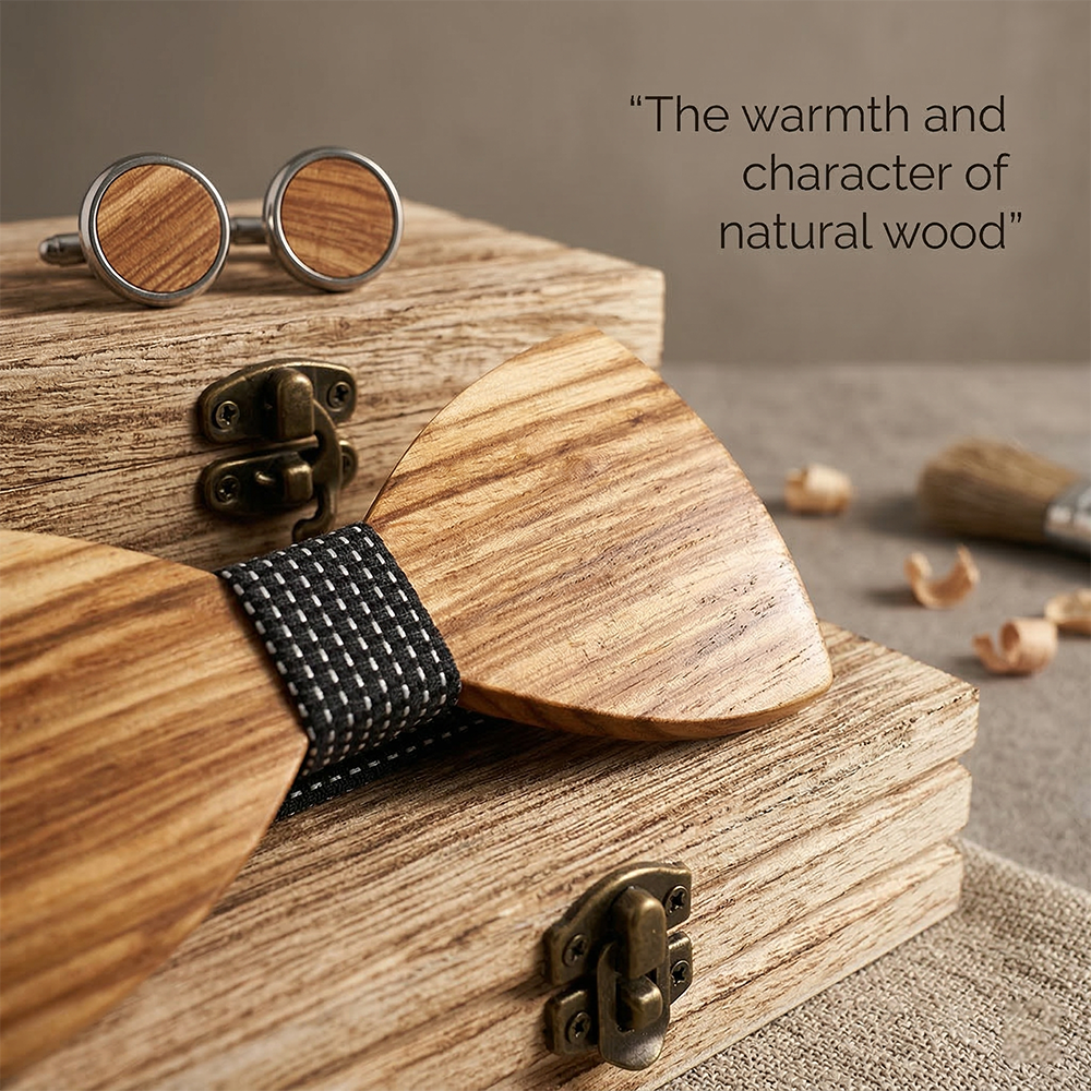Wooden Bow Tie - Striped Wood with Black Center