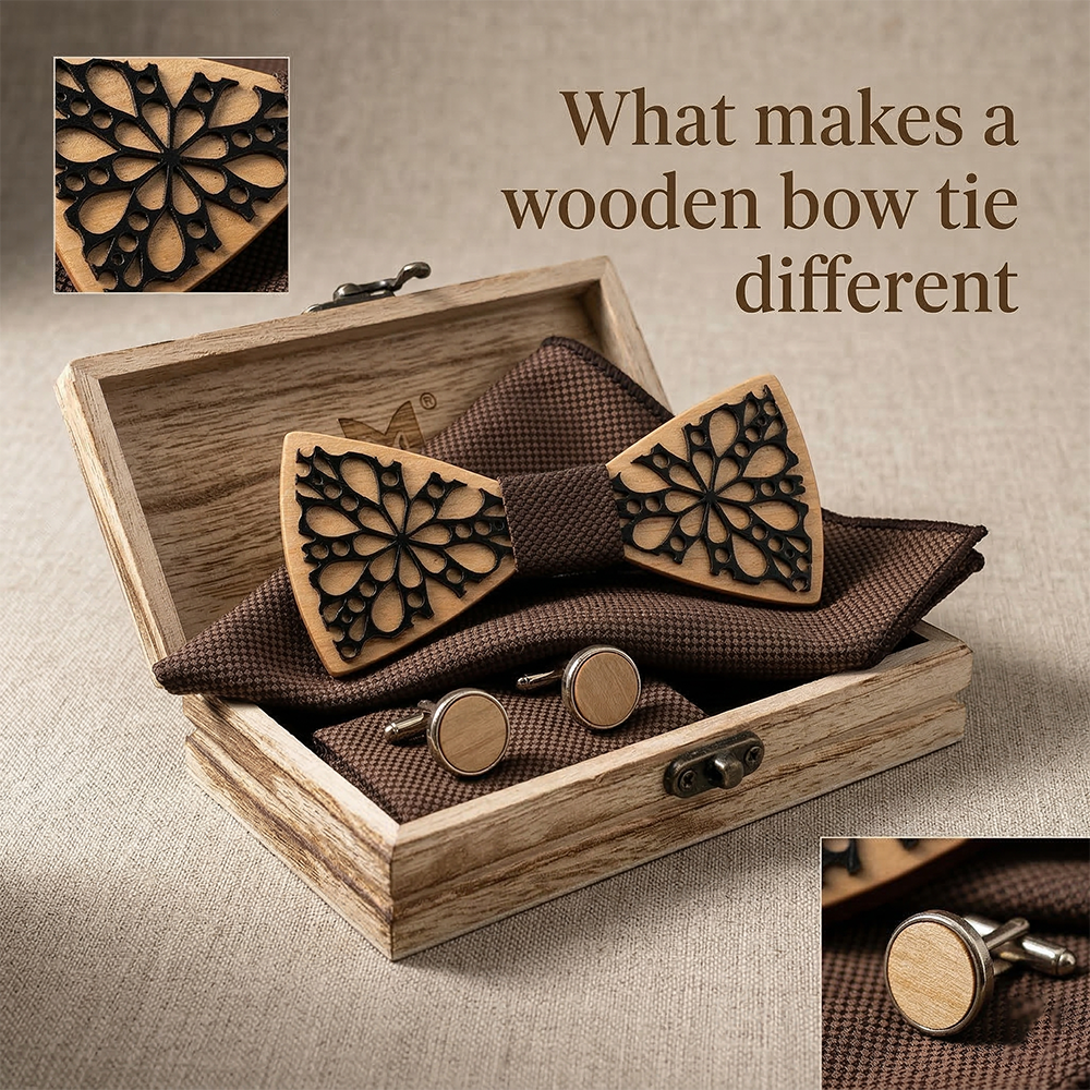 Wooden Bow Tie - Black Intricate Carved Floral Design