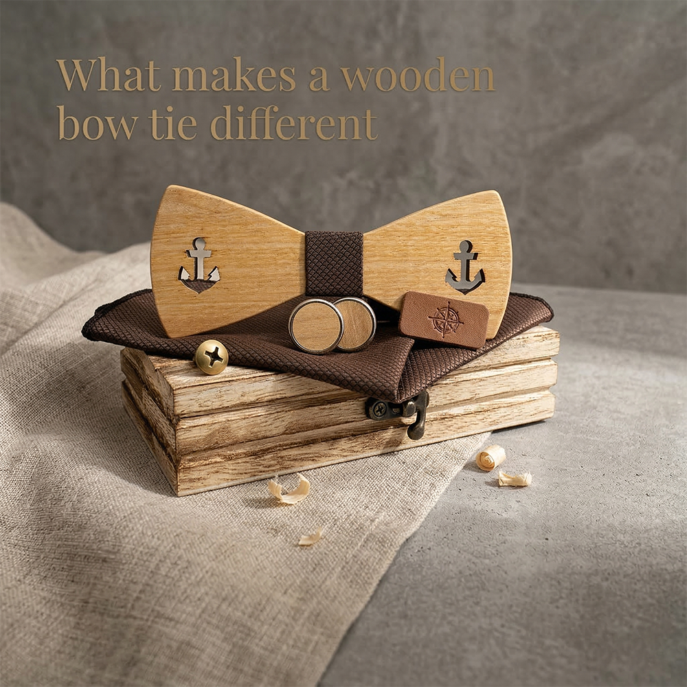 Wooden Bow Tie - Engraved Anchor Design