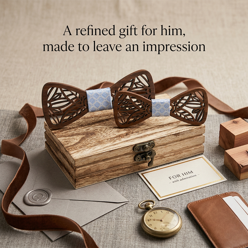 Wooden Bow Tie - Laser Cut Leaf Pattern Blue Knot