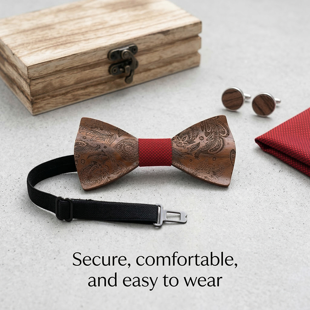 Wooden Bow Tie - Engraved Paisley with Red Center