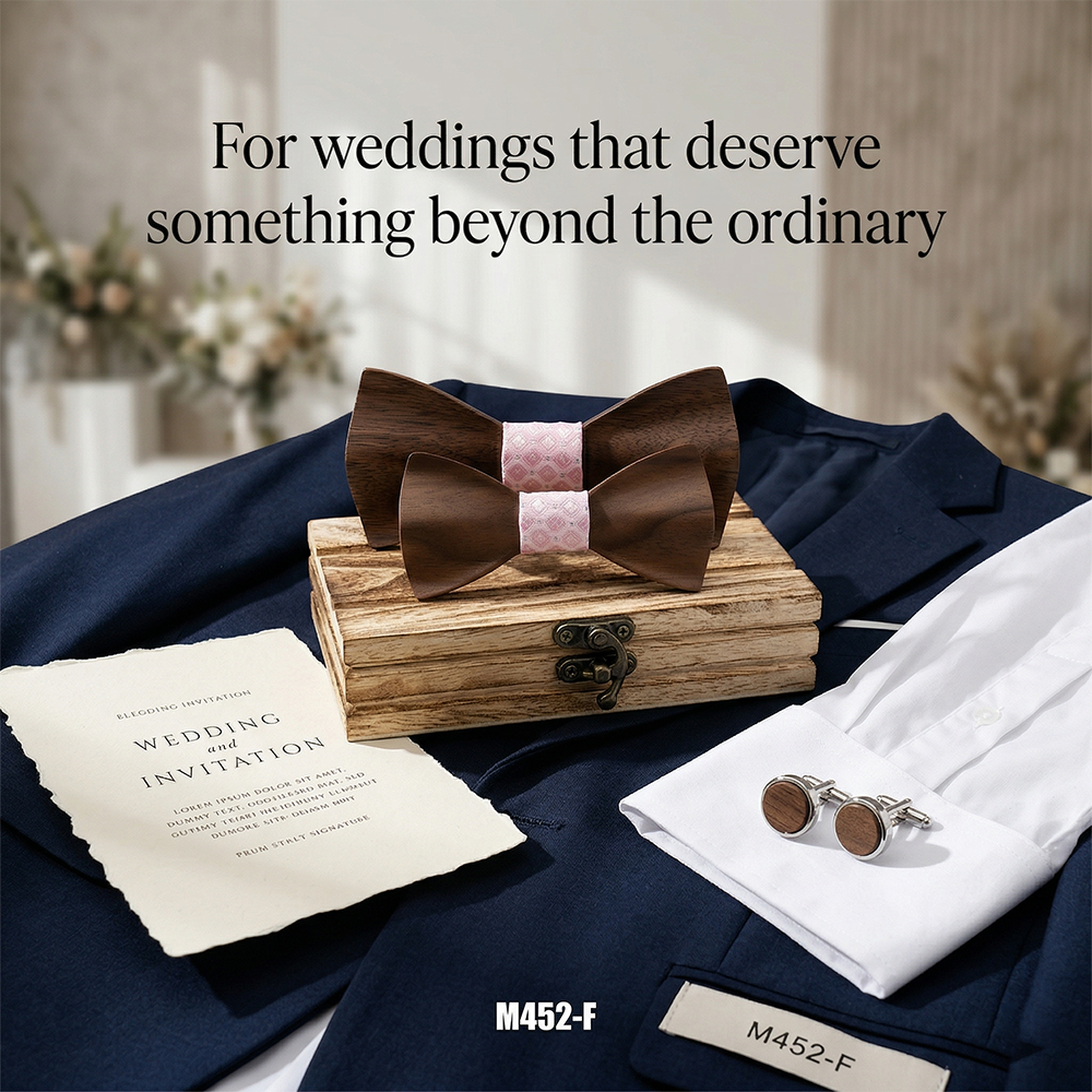 Wooden Bow Tie - Dark Wood with Pink Center
