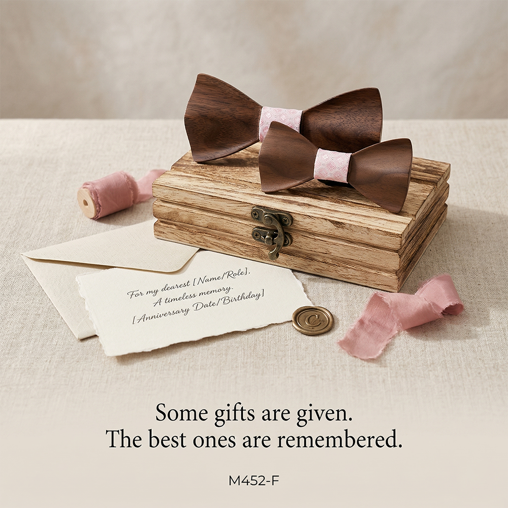 Wooden Bow Tie - Dark Wood with Pink Center