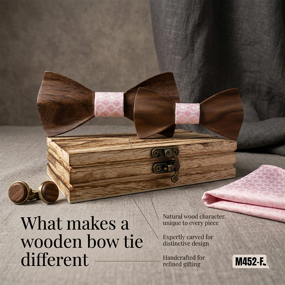 Wooden Bow Tie - Dark Wood with Pink Center