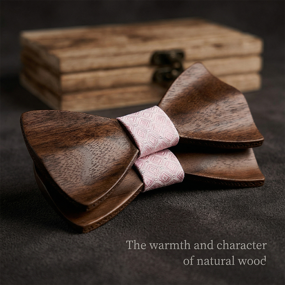 Wooden Bow Tie - Dark Wood with Pink Center