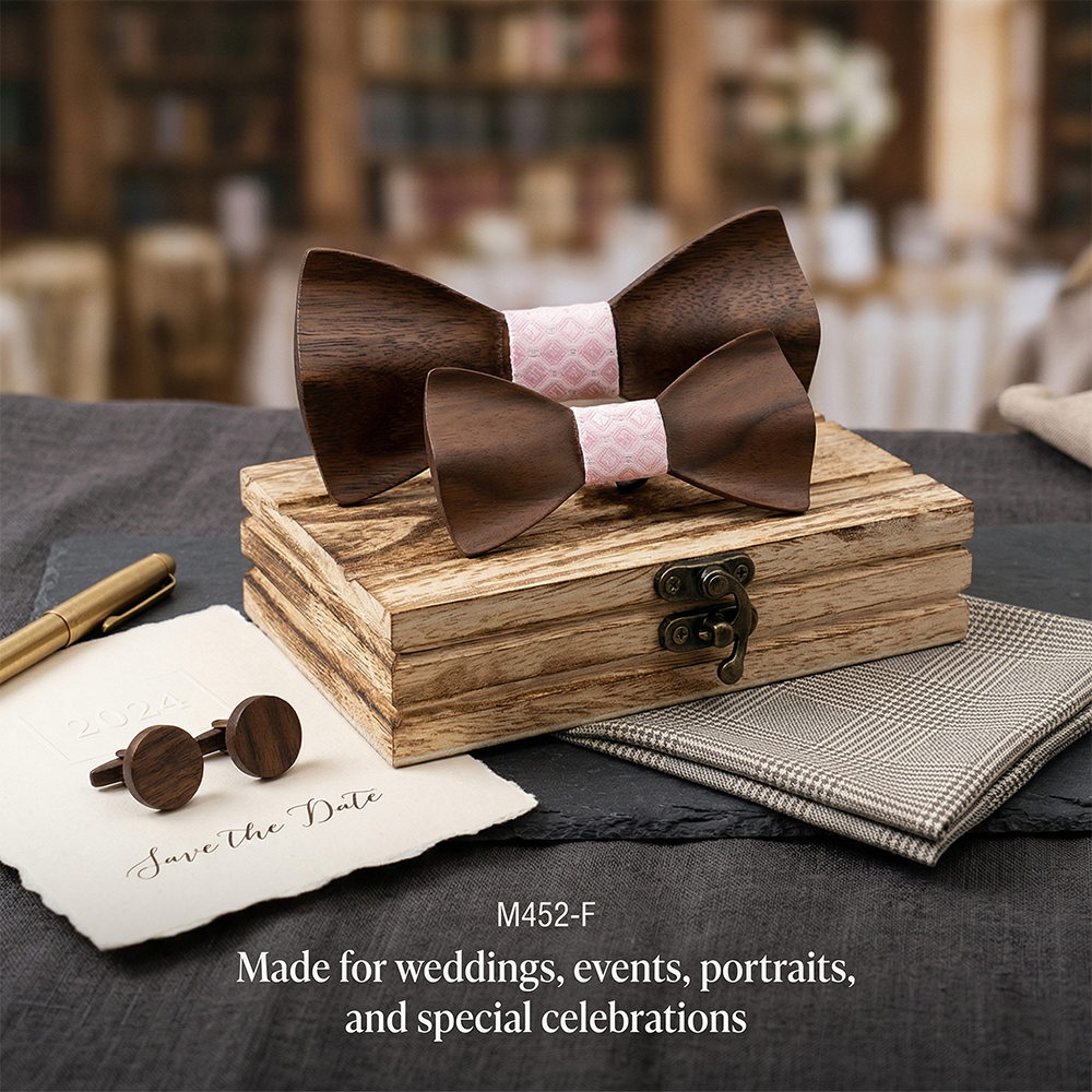 Wooden Bow Tie - Dark Wood with Pink Center