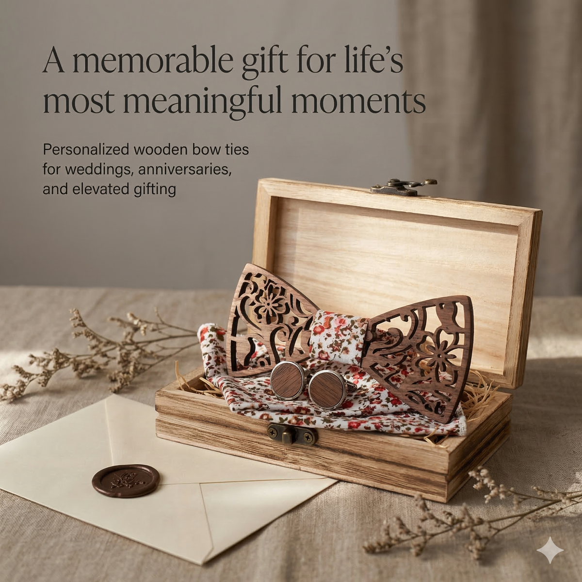 Wooden Bow Tie - Laser Cut Leaf Pattern
