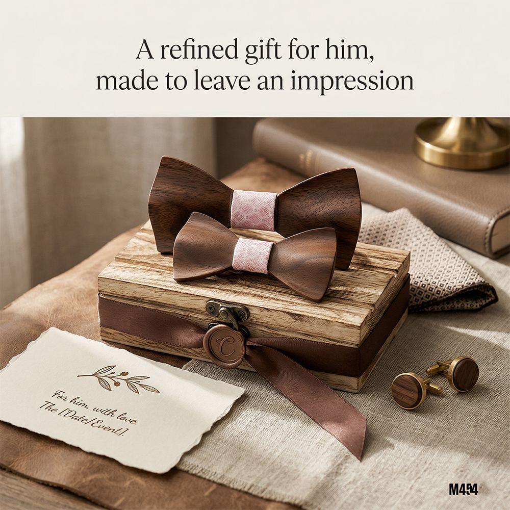 Wooden Bow Tie - Dark Wood with Pink Center