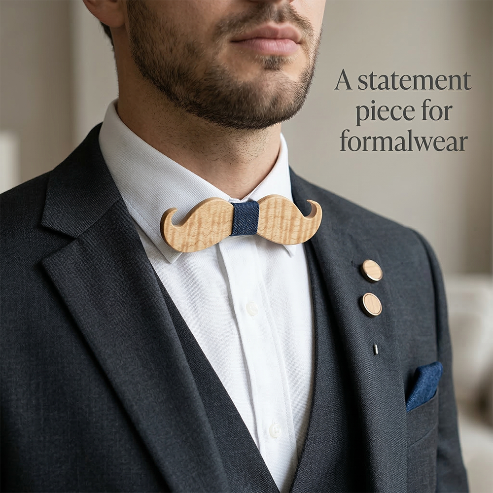 Wooden Bow Tie - Mustache Shape with Denim Center