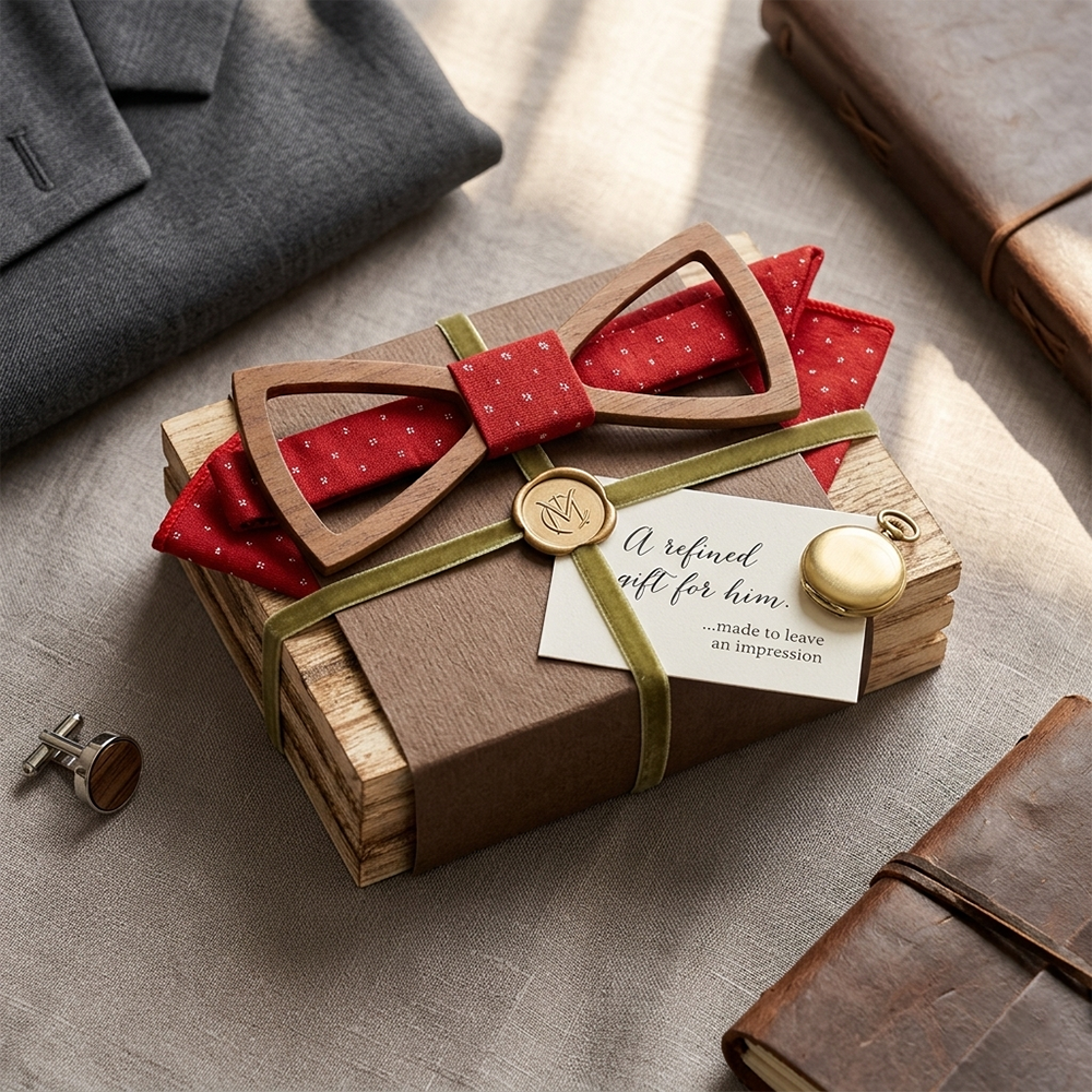 Wooden Bow Tie - Red Polka Dot Gift Set