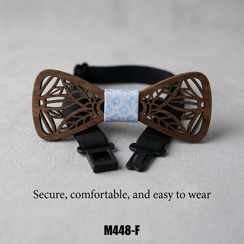 Wooden Bow Tie - Laser Cut Leaf Pattern Blue Knot