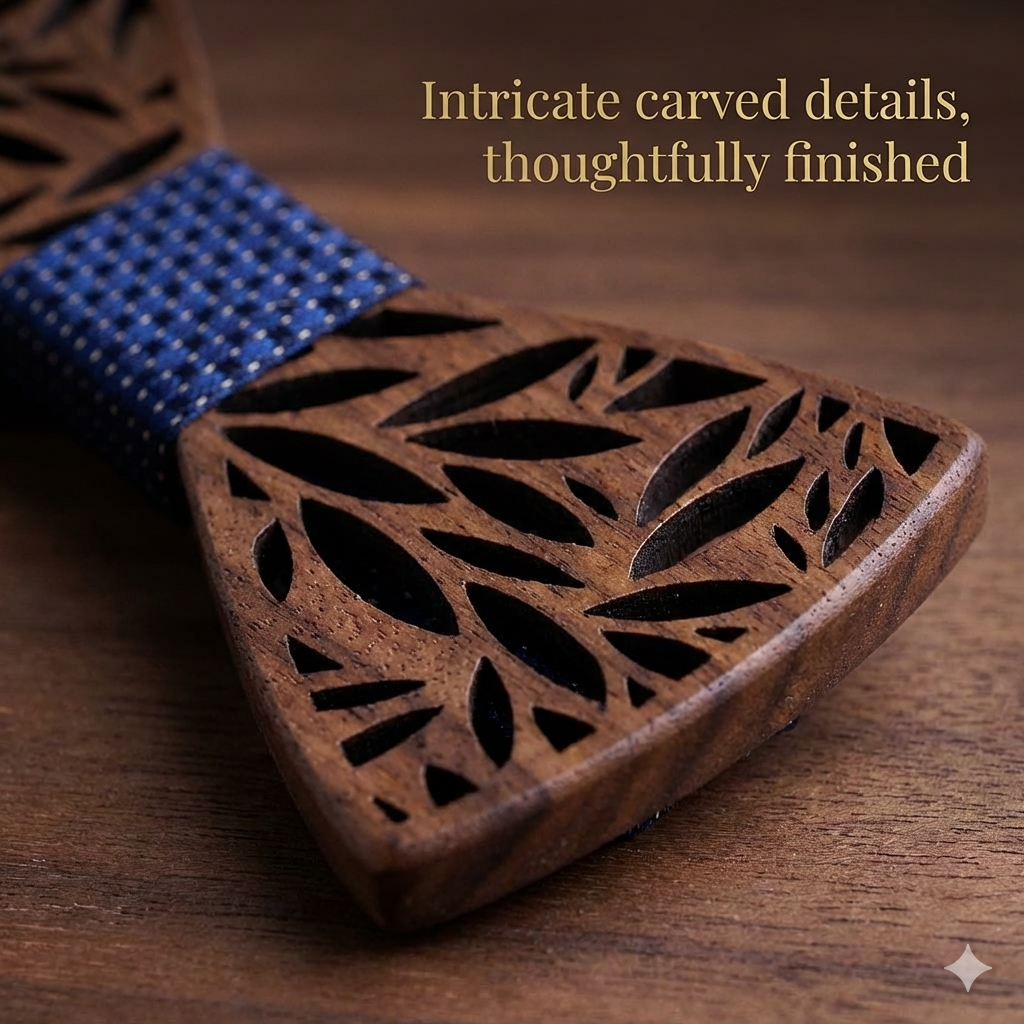 Wooden Bow Tie - Laser Cut Leaf Pattern