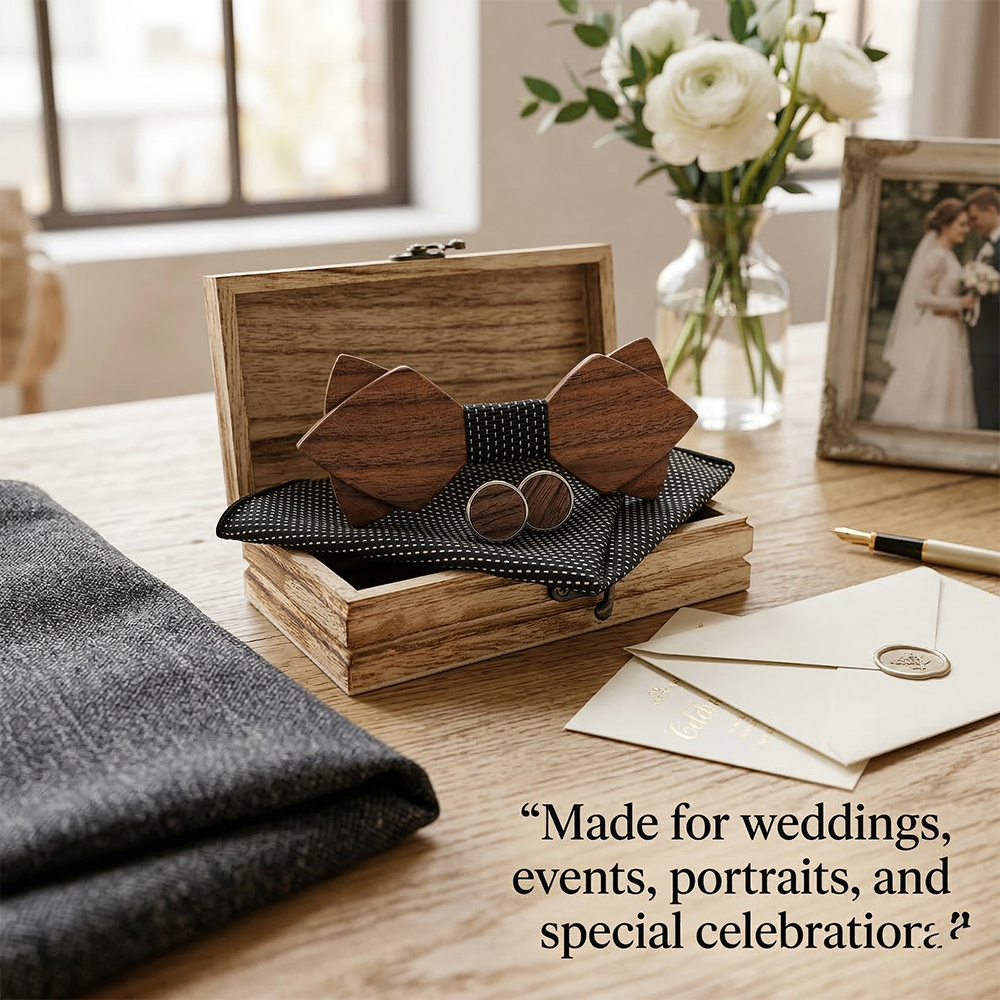 Wooden Bow Tie - Walnut Gift Set with Cufflinks