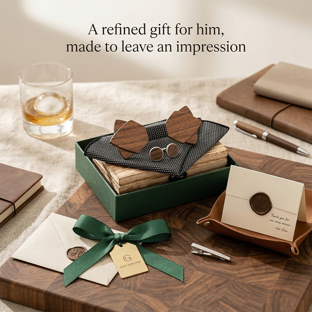 Wooden Bow Tie - Walnut Gift Set with Cufflinks