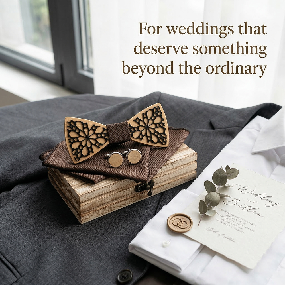 Wooden Bow Tie - Black Intricate Carved Floral Design