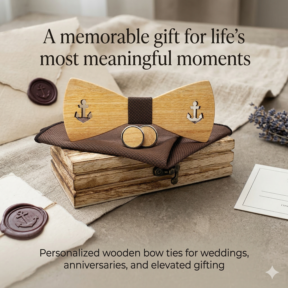 Wooden Bow Tie - Engraved Anchor Design