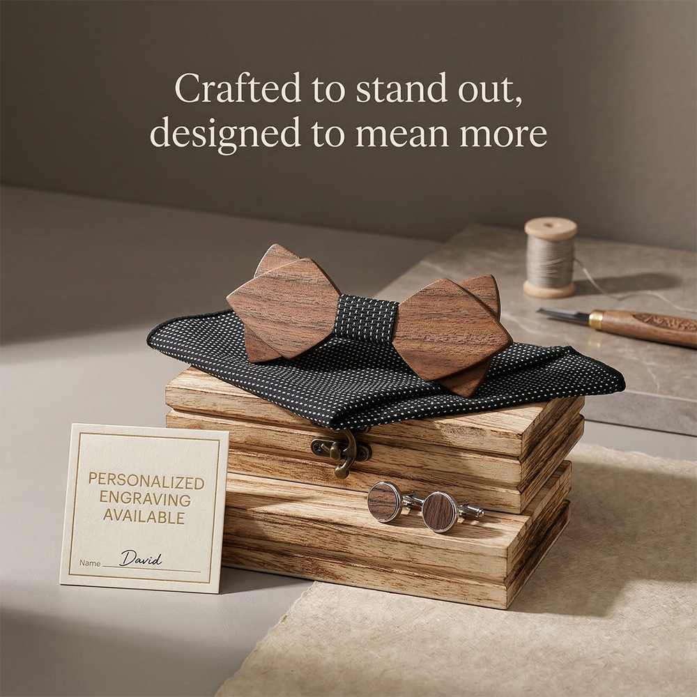 Wooden Bow Tie - Walnut Gift Set with Cufflinks